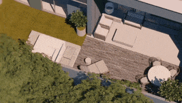 an aerial view of a house with a patio area