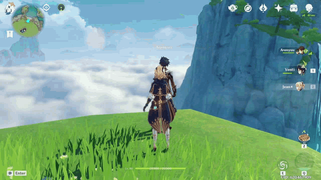 a screenshot of a video game shows a person standing on a grassy hill