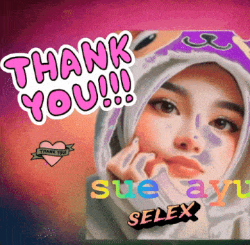 a woman wearing a hijab with the words thank you sue ay