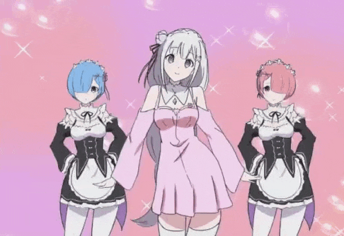 a group of three anime girls are standing next to each other on a pink background .