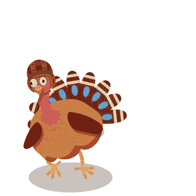 a cartoon turkey wearing a helmet and a striped shirt