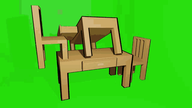 a 3d model of a desk and chair with a drawer on a green background
