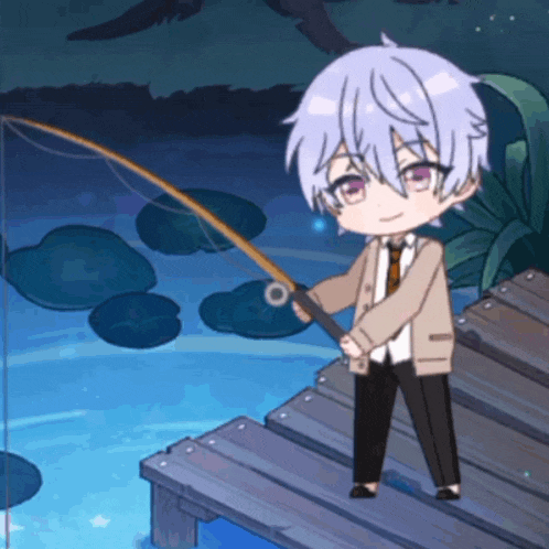 a cartoon character is fishing in a pond