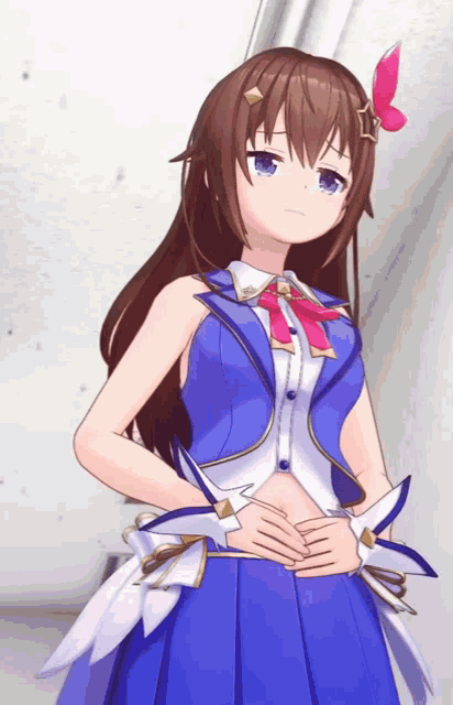 a girl with long brown hair is wearing a blue dress and a red bow