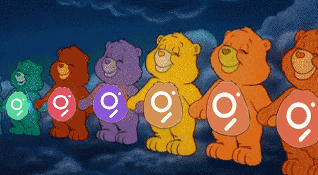 a group of care bears are standing next to each other holding circles with the letter o on them