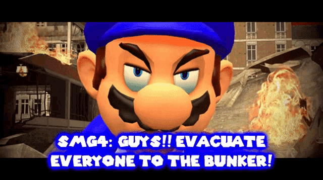 a cartoon character with the words smg4 guys evacuate everyone to the bunker