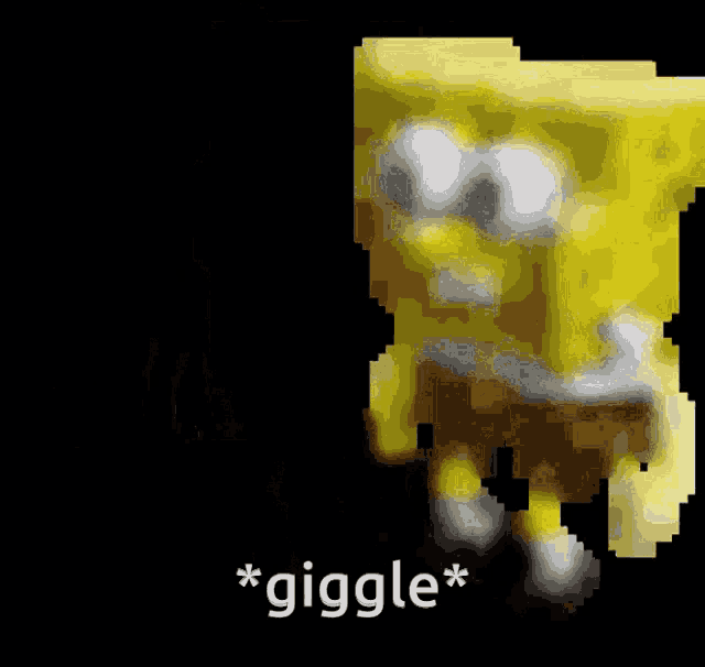 a pixelated image of spongebob that says * giggle * on the bottom