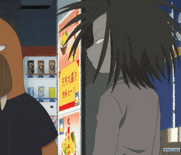 a cartoon drawing of a man standing in front of a boat race vending machine