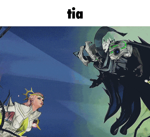 a cartoon of a woman standing next to a monster with the word tia above it