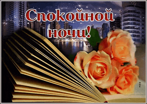 a bouquet of roses sits on top of an open book with the words " спокойной ночи " written on it