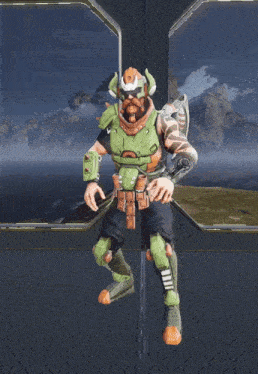 a video game character with a beard and horns is standing in front of a window