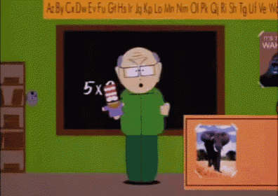 a cartoon of a man standing in front of a blackboard with the number 5x on it