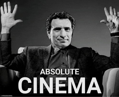 a black and white photo of a man with his hands in the air and the words " absolute cinema " below him