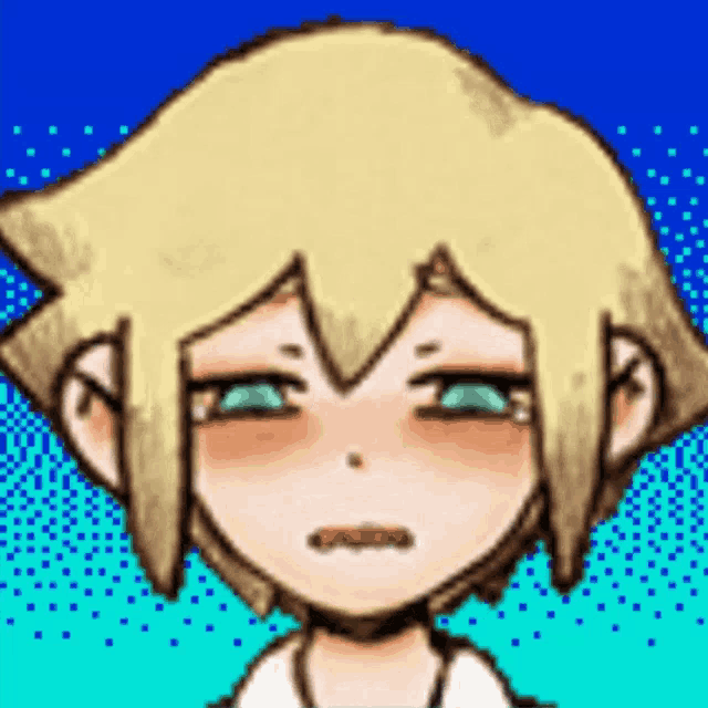 a pixel art drawing of a girl with blonde hair and blue eyes .