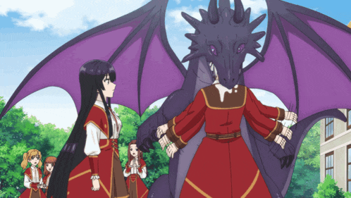 a group of anime characters are standing around a large purple dragon