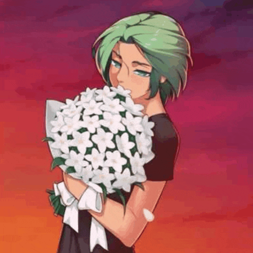 a girl with green hair is holding a bouquet of white flowers in her hands .
