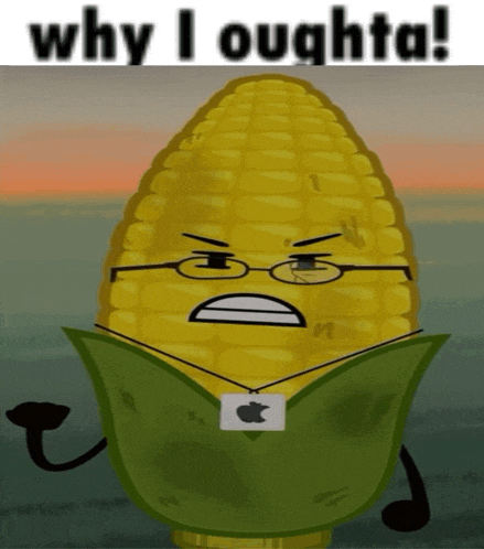 a corn on the cob with glasses and a necklace that says apple on it