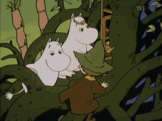 a cartoon of a boy standing next to a tree with two animals behind him