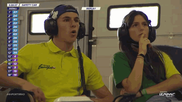 a man and a woman wearing headphones are sitting in front of a replay screen