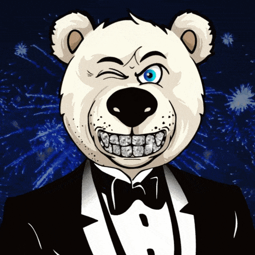 a cartoon of a polar bear wearing a tuxedo with diamonds in his teeth