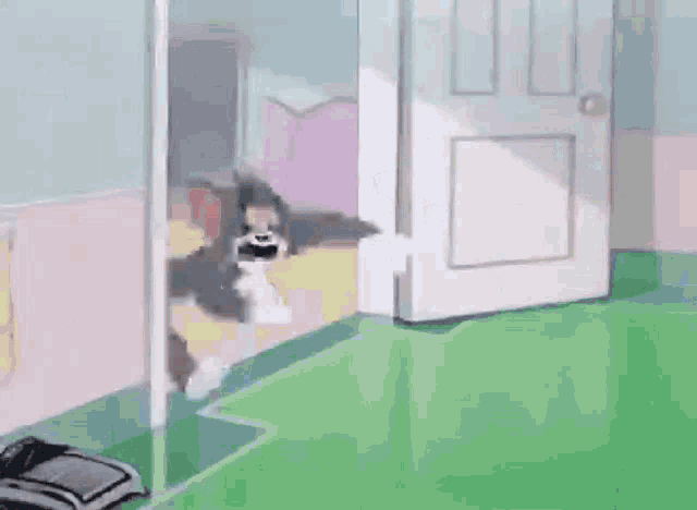 a cartoon of tom and jerry is running through a doorway .