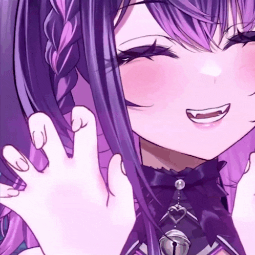 a girl with purple hair and a bell necklace