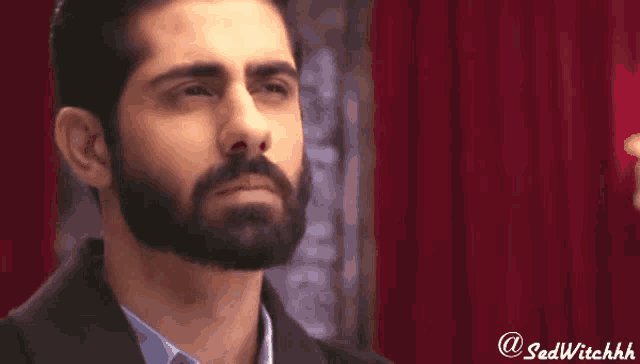 a man with a beard is standing in front of a red curtain with the words sadwitchhh on the bottom