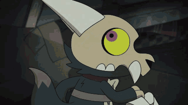 a cartoon drawing of a monster with a yellow eye and sharp teeth
