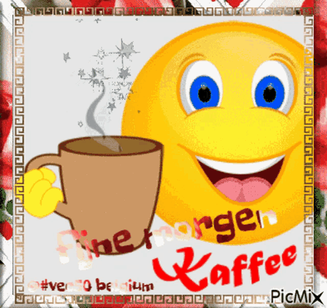 a picture of a smiley face with a cup of coffee and the words fine morgen kaffee