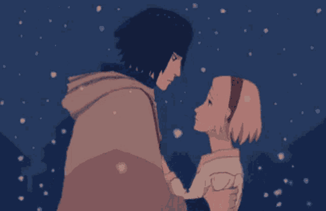 a cartoon of a man and a woman looking at each other in the snow