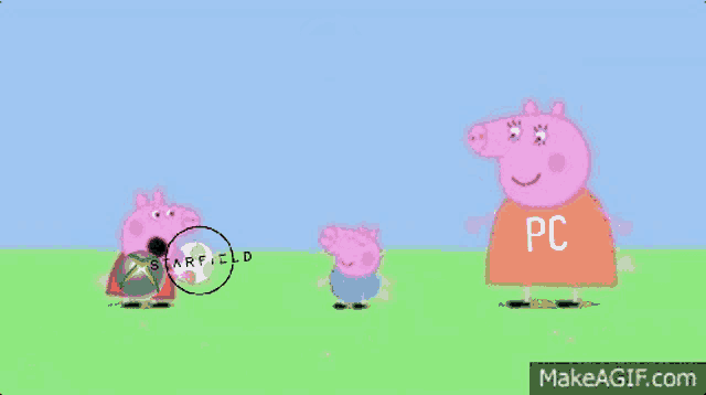 a cartoon of peppa pig wearing a orange shirt that says " pc "