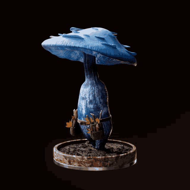 a statue of a blue mushroom with a wooden base