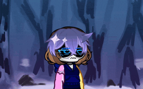 a close up of a cartoon character 's eyes with purple hair