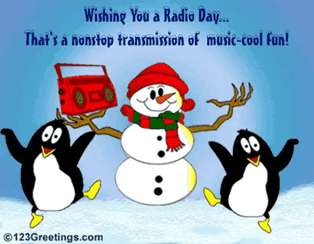 a cartoon of penguins and a snowman with the words wishing you a radio day at the top