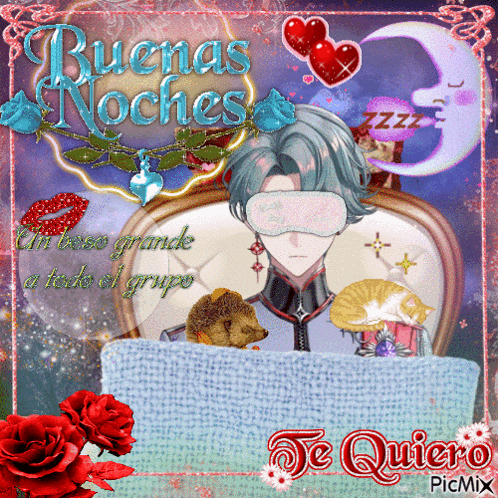 a picture of a man wearing a sleep mask with the words buenas noches