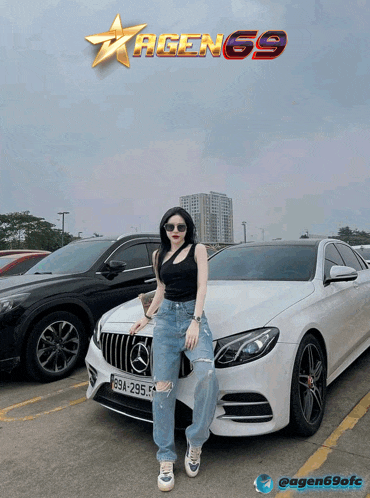 a woman stands in front of a white mercedes with a license plate that says 99a-295.54