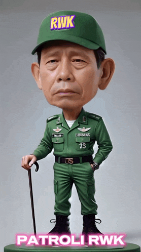 a statue of a man in a green uniform with rwk written on his hat