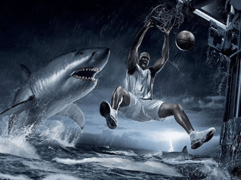 a basketball player is jumping in the air while a shark is behind him