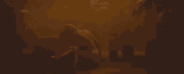 a monkey is sitting on the ground in a dark room with a cat .