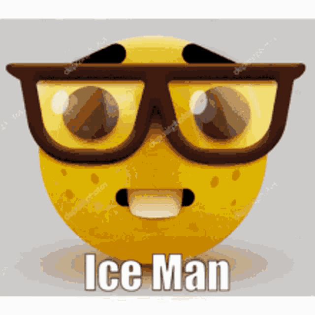 a cartoon smiley face wearing glasses and the words ice man on the bottom