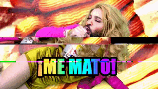 a woman with a beard drinking from a can with the words me mato written on the bottom