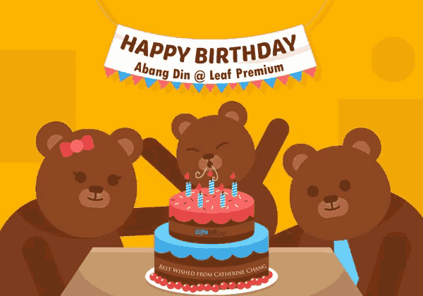 three teddy bears are celebrating a birthday with a cake and a banner that says happy birthday