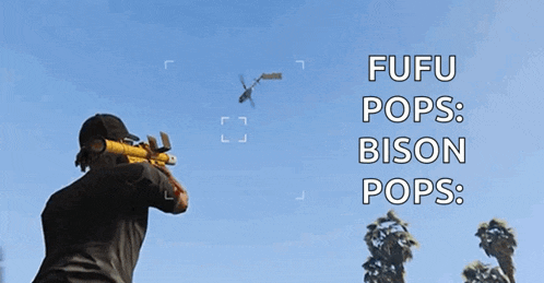 a man holding a gun with the words fufu pops bison pops on the top
