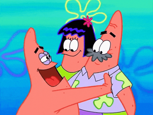a cartoon of patrick star holding a girl and a man