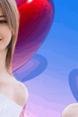 a woman in a white dress is standing in front of a heart shaped balloon