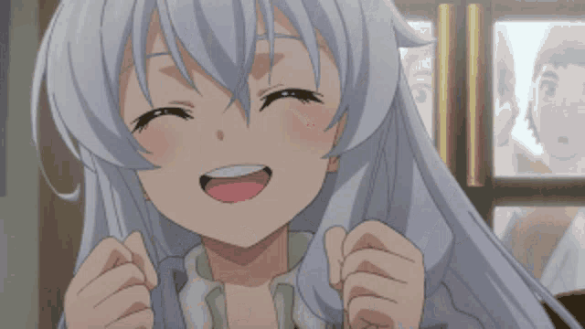 a girl with white hair is smiling and holding her hands in the air