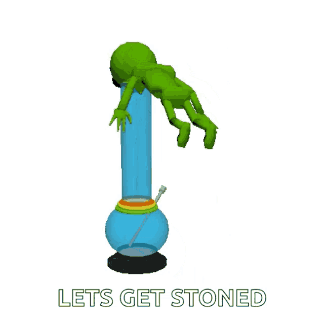 a cartoon of an alien smoking a bong with the words let 's get stoned written below it