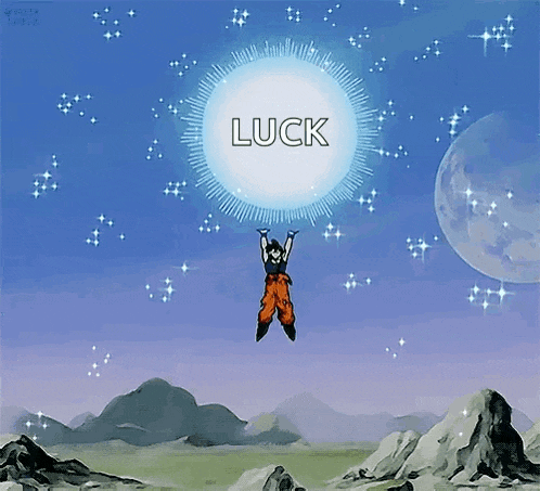 a cartoon character is flying through the air holding a sphere that says luck on it