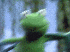 a close up of a kermit the frog standing on a railing .