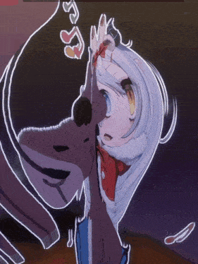 a drawing of a girl with white hair and a red scarf